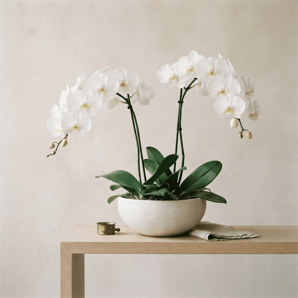 White phalaenopsis orchids arching from a low matte off-white stone bowl