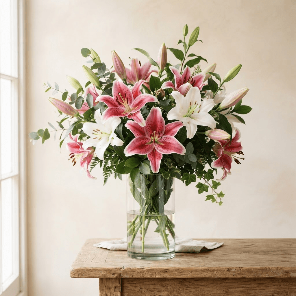 Pink and white stargazer lilies in a tall clear glass vase