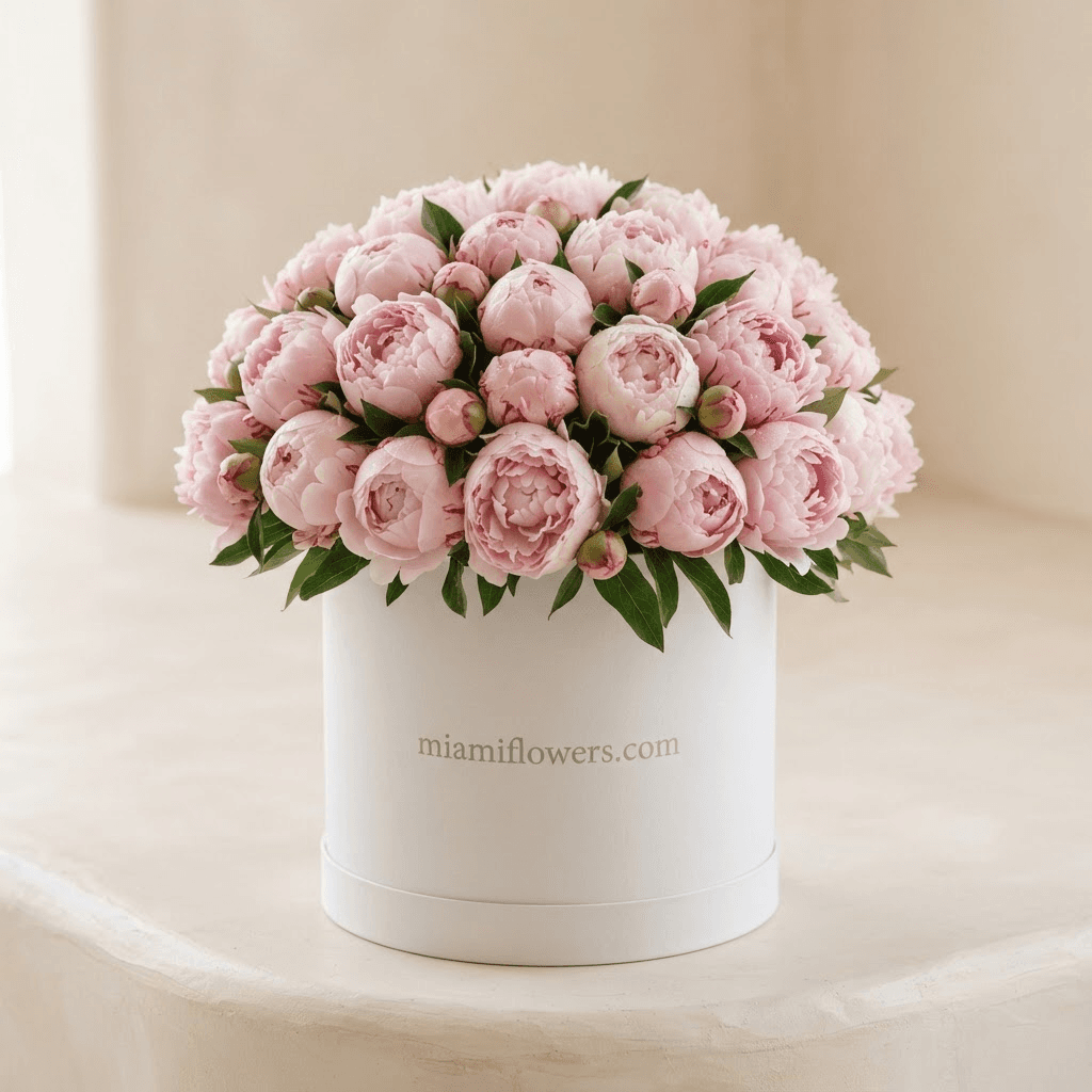 Blush pink peonies domed in a tall matte white oval box printed with miamiflowers.com