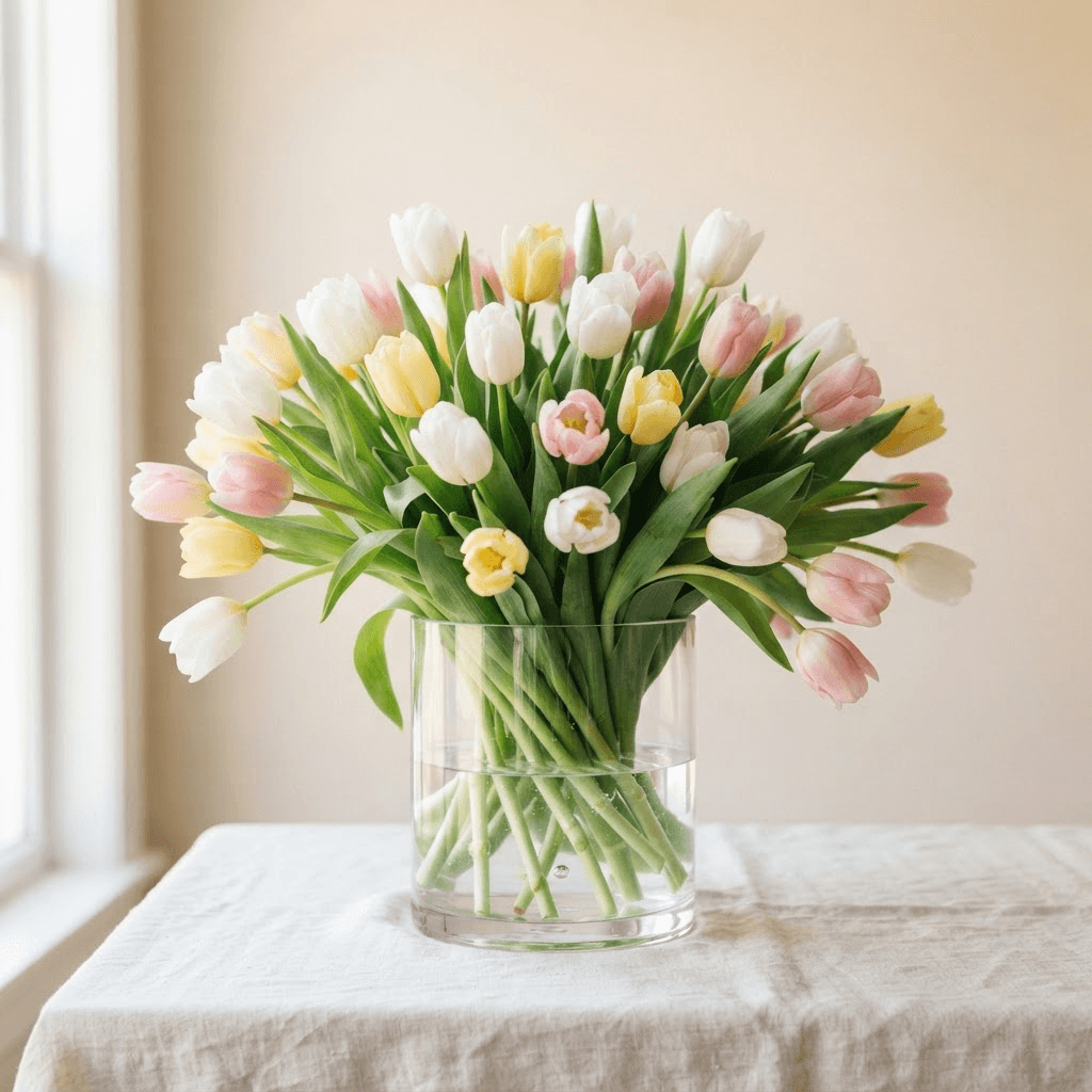 Spring tulips in white, yellow and pink in a clear glass cylinder vase