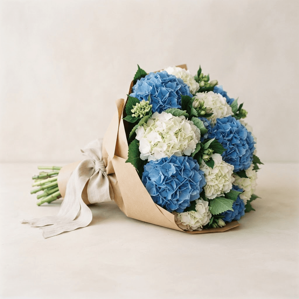 Blue and white hydrangeas hand-tied in kraft paper and linen ribbon
