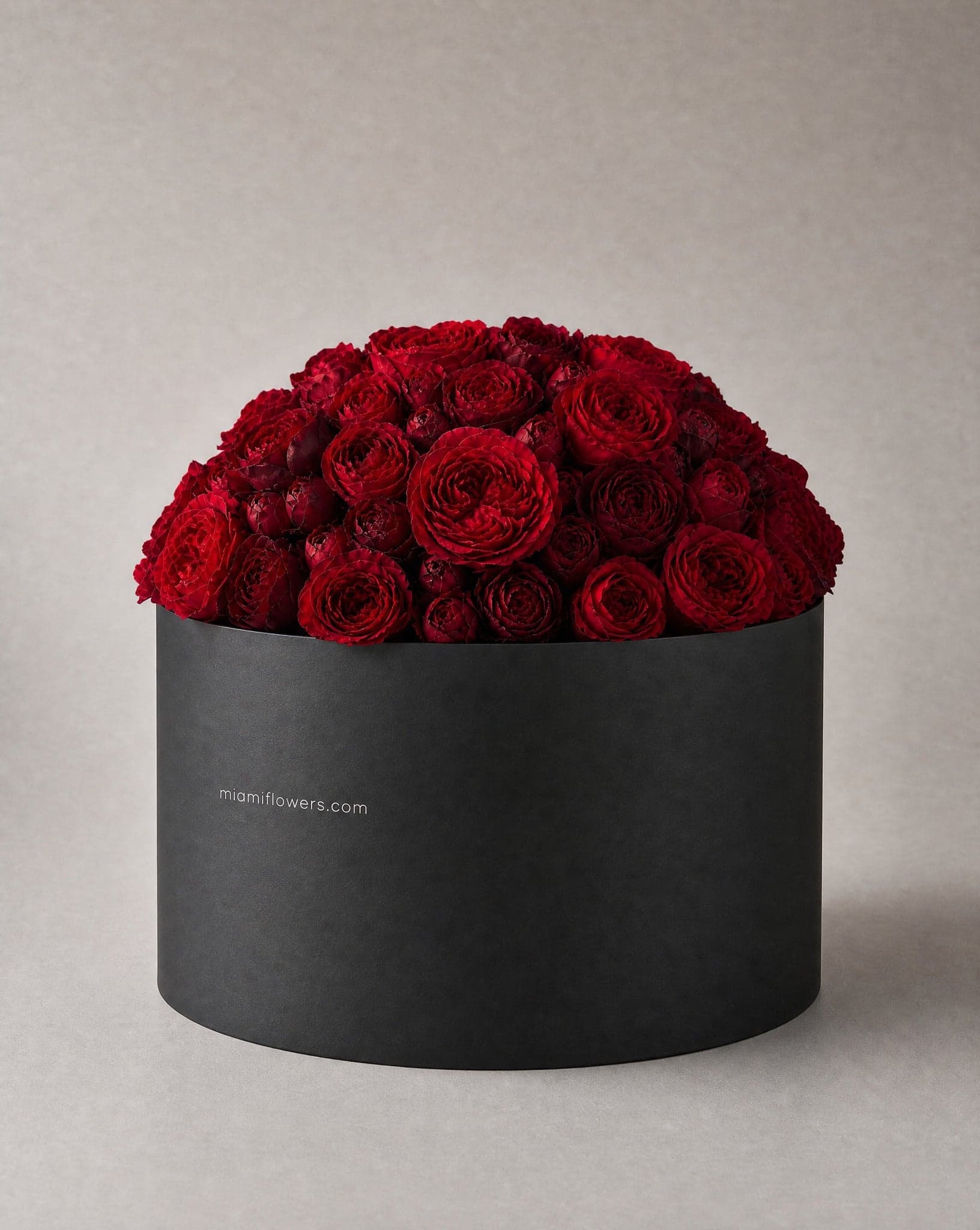 Deep red garden roses in a tall matte black oval box printed with miamiflowers.com