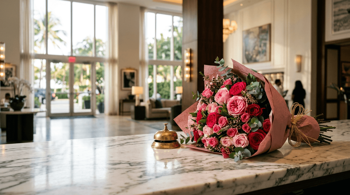 A pink and red rose bouquet waiting on a marble hotel front desk beside a brass bell