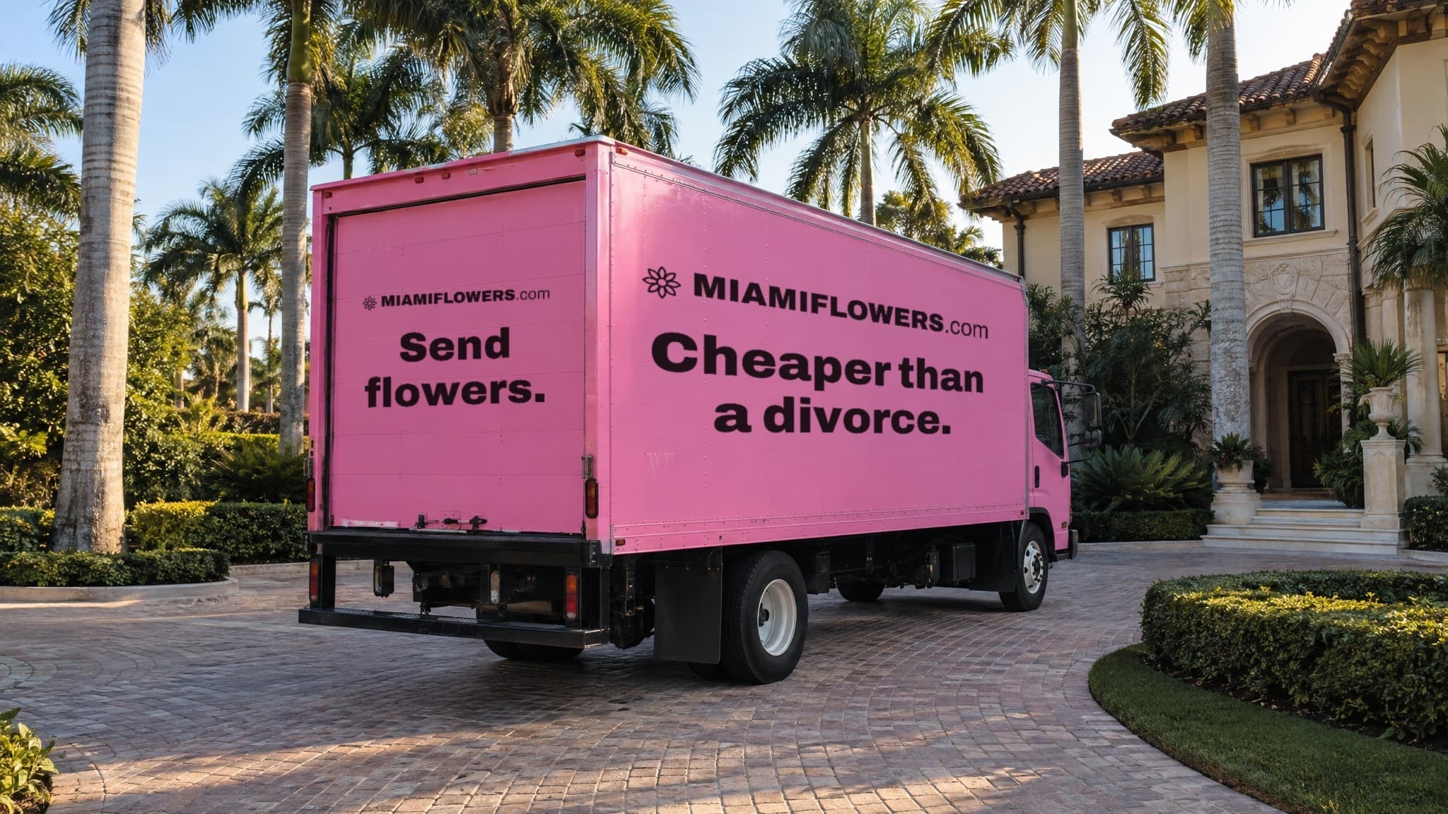 Pink MIAMIFLOWERS.com box truck in a mansion driveway reading 'Send flowers. Cheaper than a divorce.'