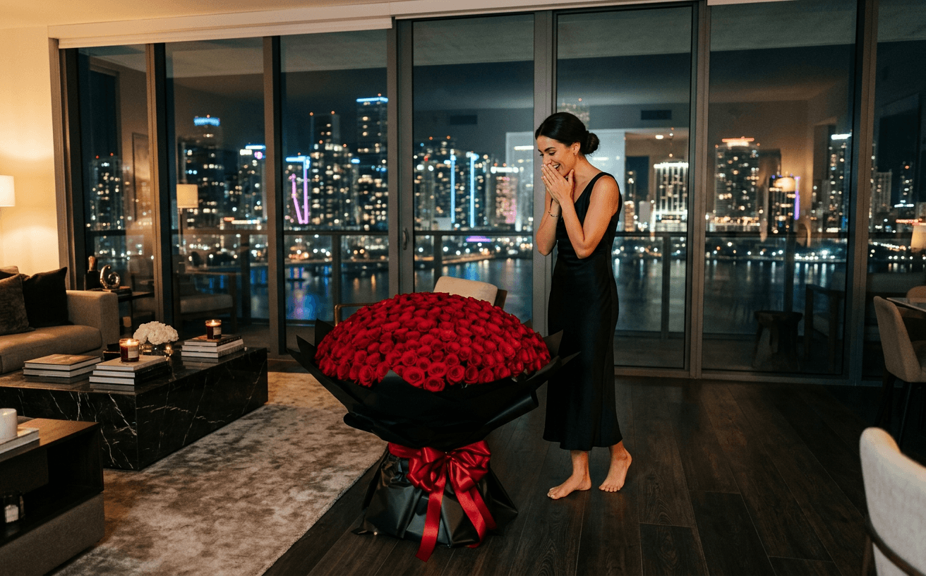 A woman in a black dress with her hands over her mouth beside three hundred red roses in black paper, in a penthouse overlooking the Miami skyline at night