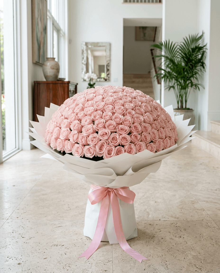 A domed bouquet of blush pink roses wrapped in white paper with a pink ribbon