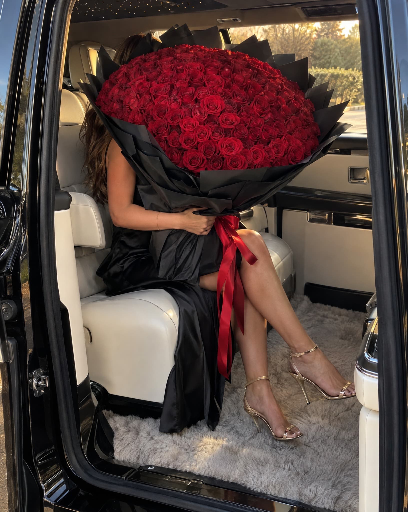 A woman in a black dress holding a domed bouquet of red roses wrapped in black paper in the back of a Rolls-Royce