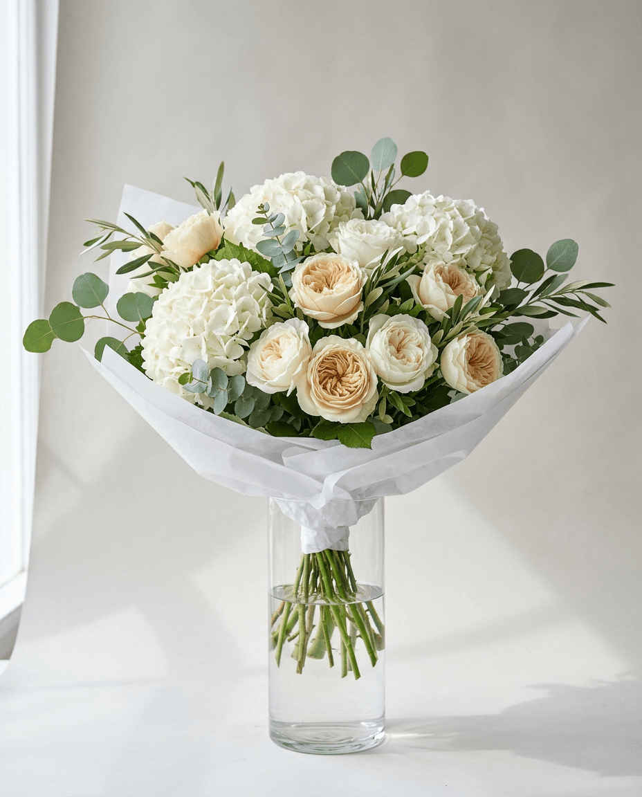Twelve champagne, ivory and white garden roses with three white hydrangeas and eucalyptus, hand-wrapped in white tissue in a tall clear glass cylinder vase