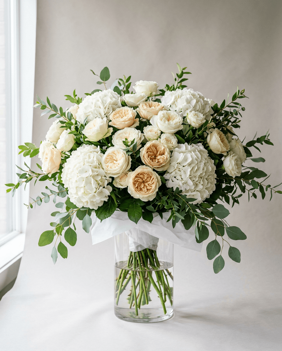 The Bayshore, rosas de jardín champán y hortensias, tamaño Extra grande