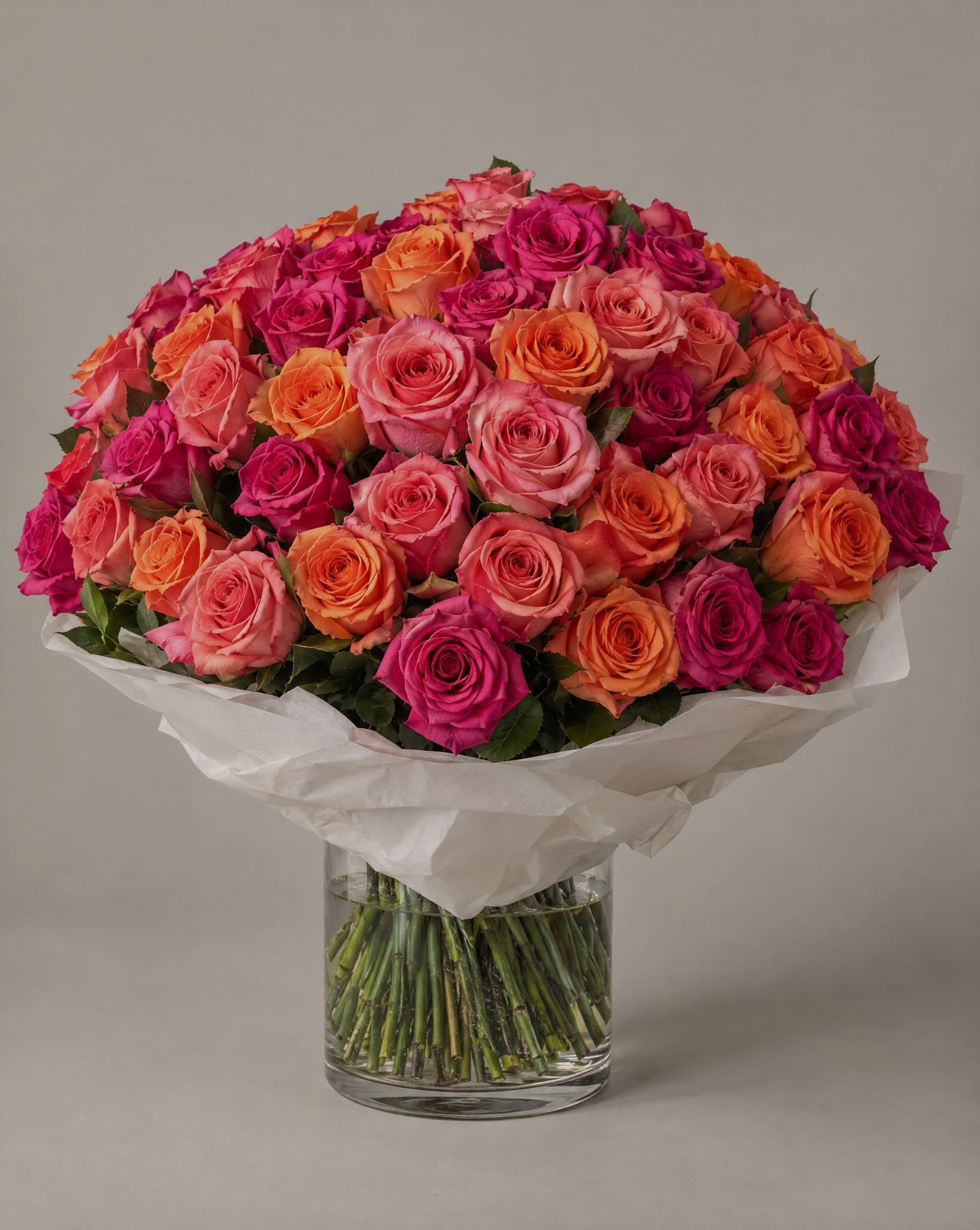 One hundred hot pink, coral and orange roses in a wide, dense bouquet wrapped in white tissue in a clear glass vase