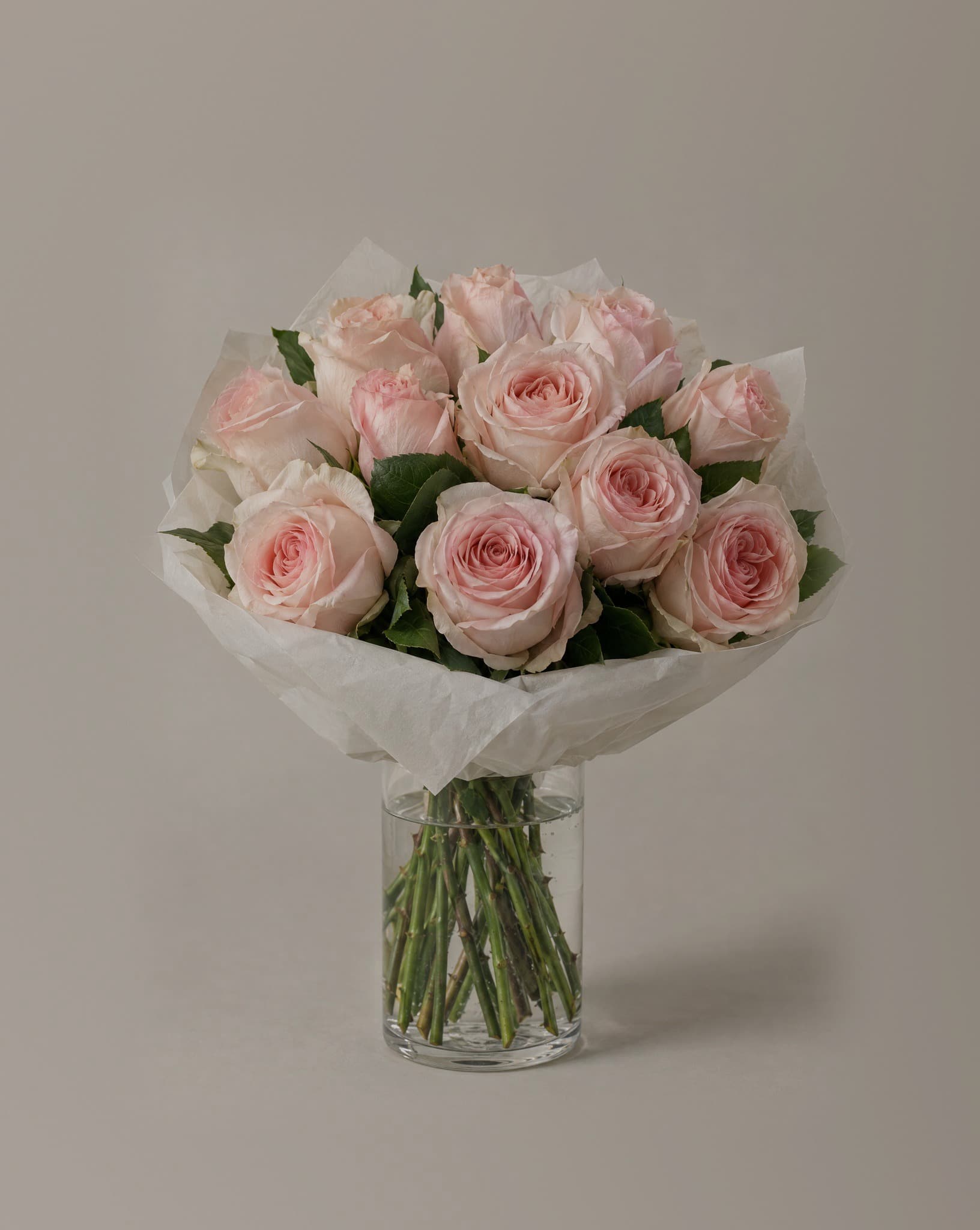 A dozen blush pink roses hand-wrapped in white tissue, standing in a clear glass vase