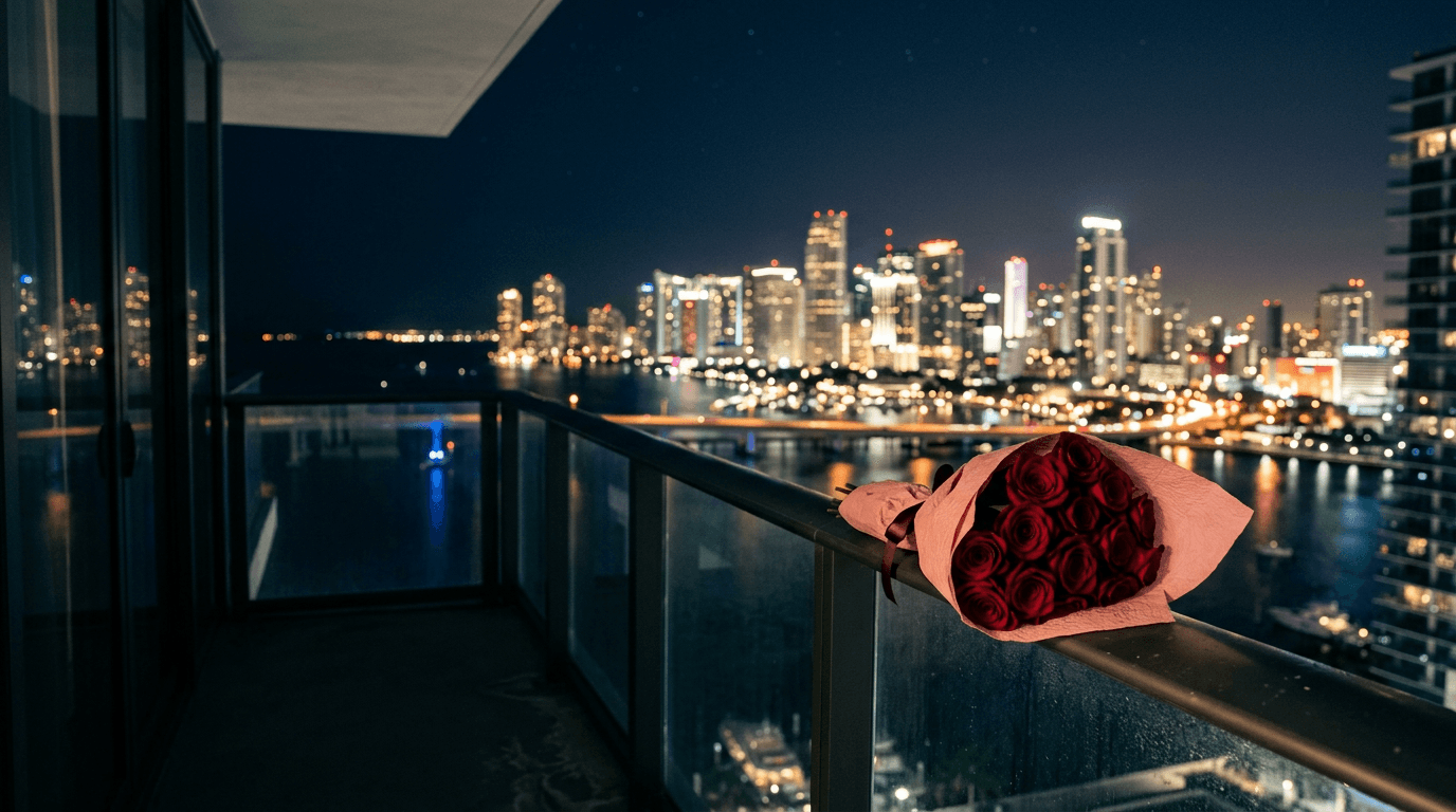 Una docena de rosas rojas en un balcón de Brickell de noche, con el skyline de Miami iluminado detrás