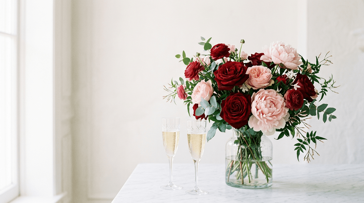 Red and blush roses with peonies beside two champagne glasses
