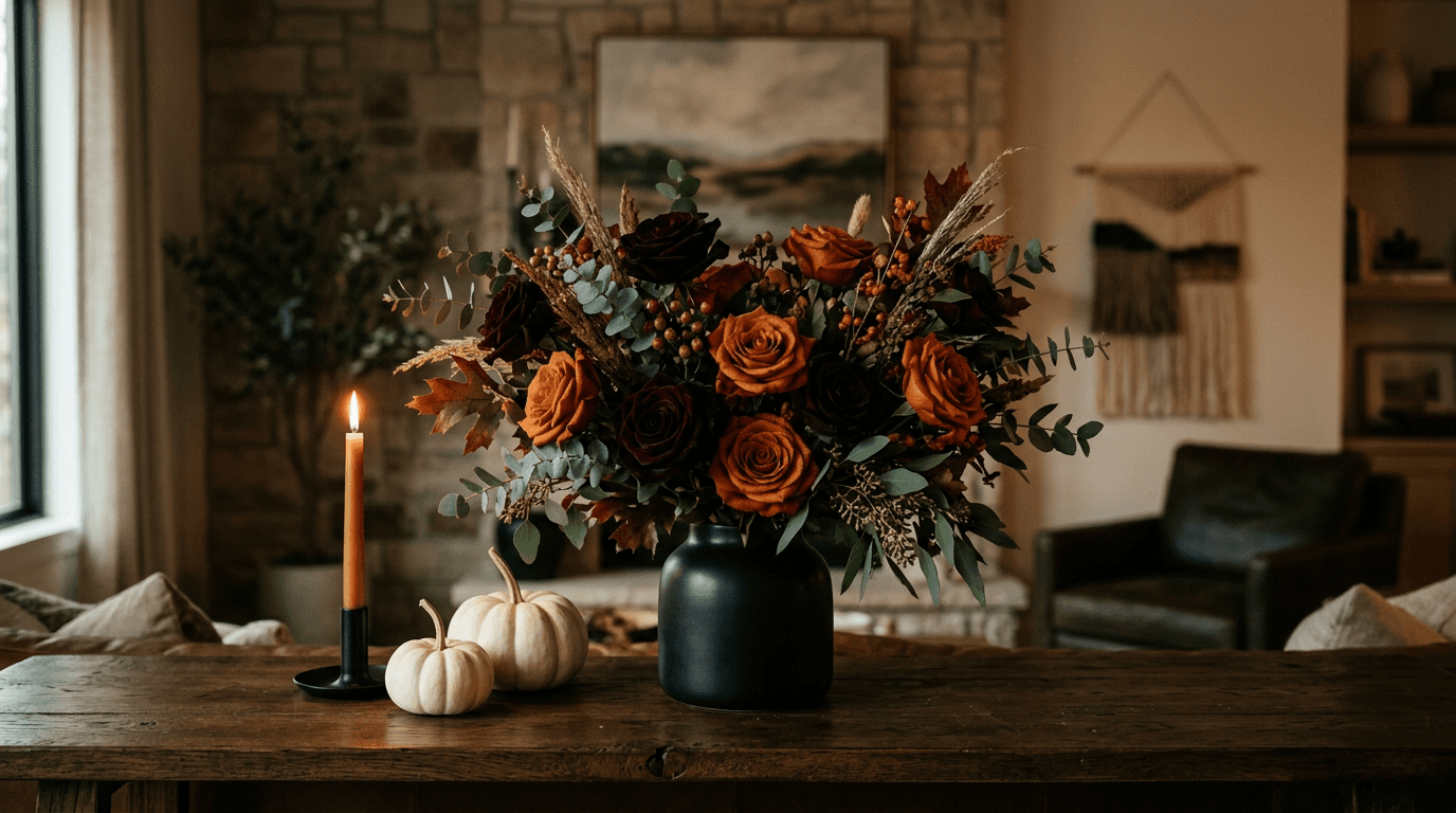 Burgundy and burnt orange roses in a black vase beside white pumpkins and a candle