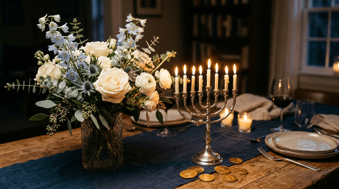 White roses and blue delphinium beside a lit menorah
