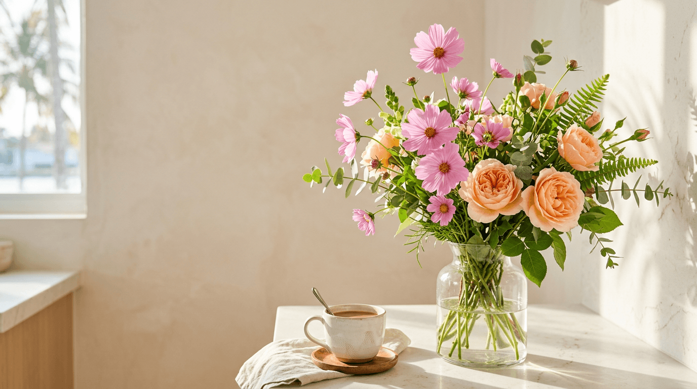 Pink cosmos and peach garden roses on a sunlit kitchen counter