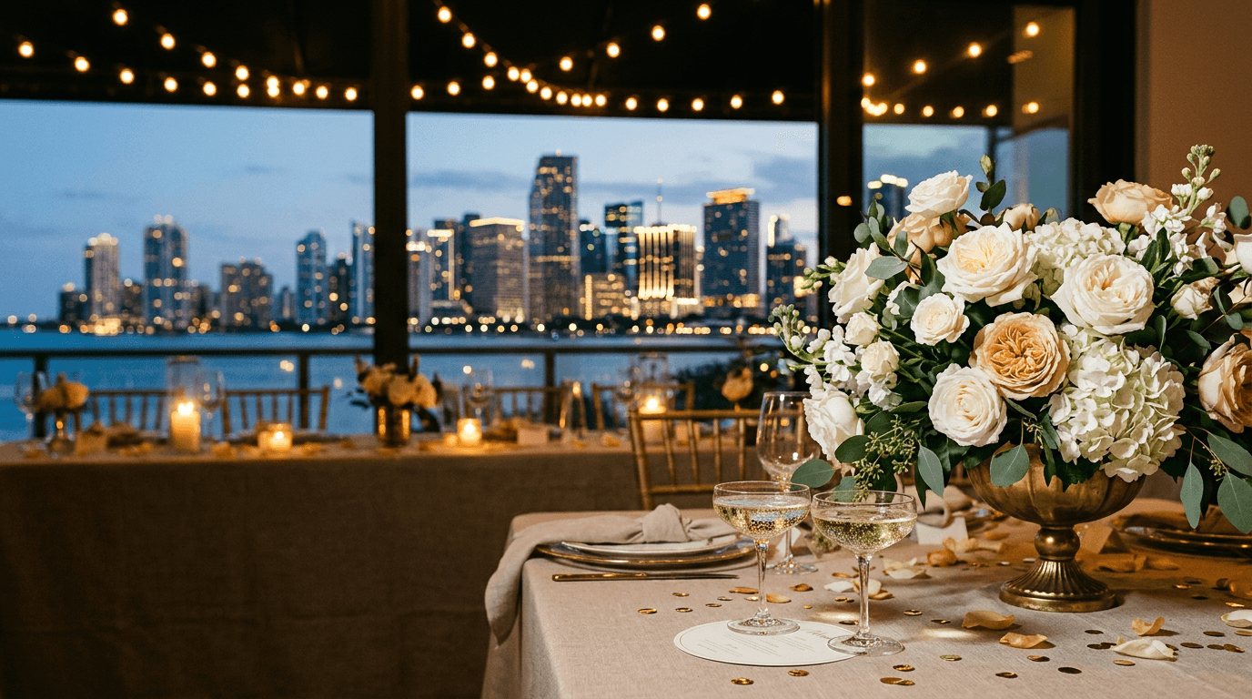 Champagne and white roses beside two coupes and gold confetti