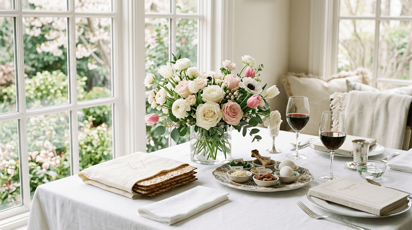 White and blush roses with tulips beside matzah and a seder plate