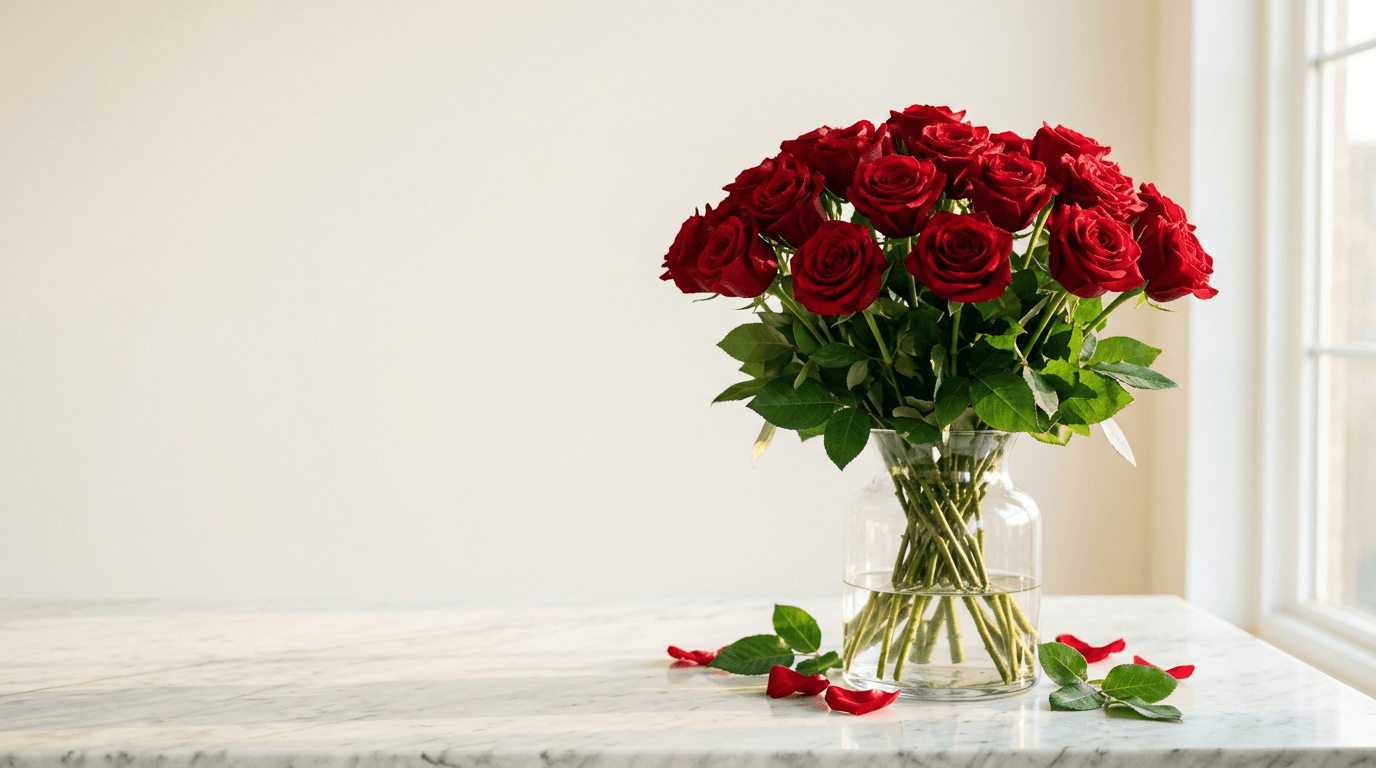 Deep red long-stem roses with scattered petals