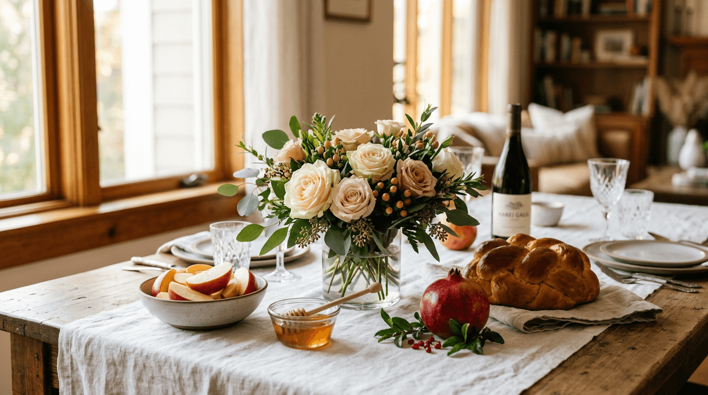 Cream and blush roses beside sliced apples, honey, a round challah and a pomegranate