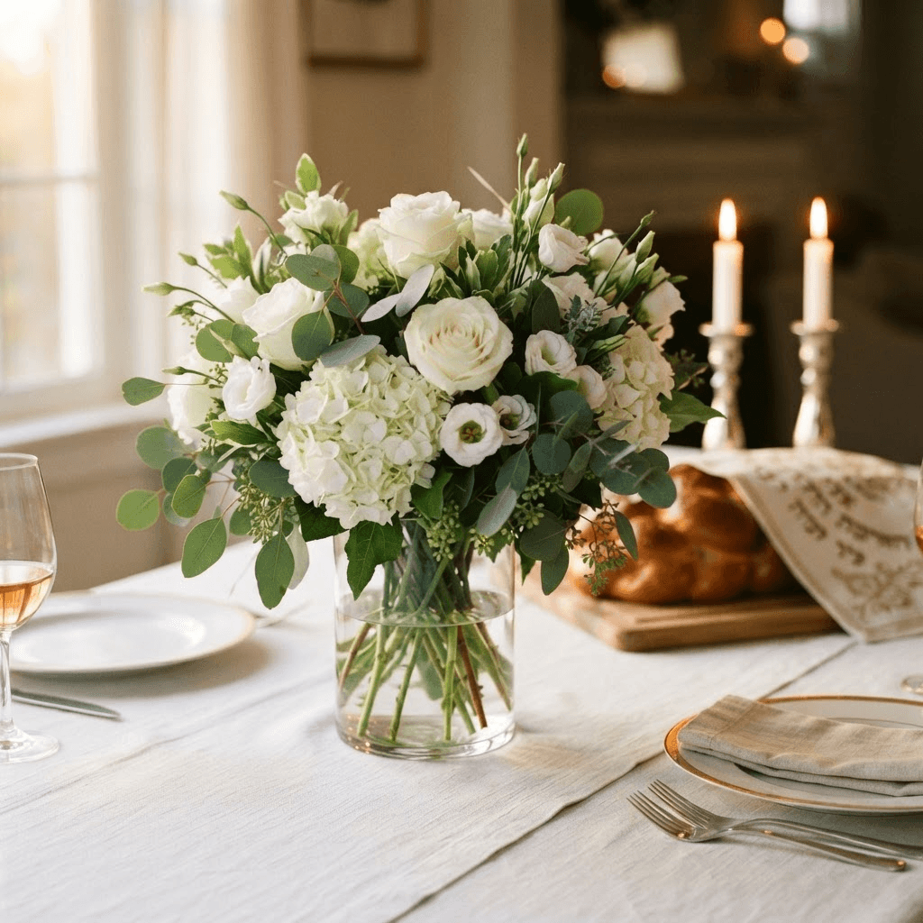 A white and green arrangement on a set Shabbat table with candlesticks and challah