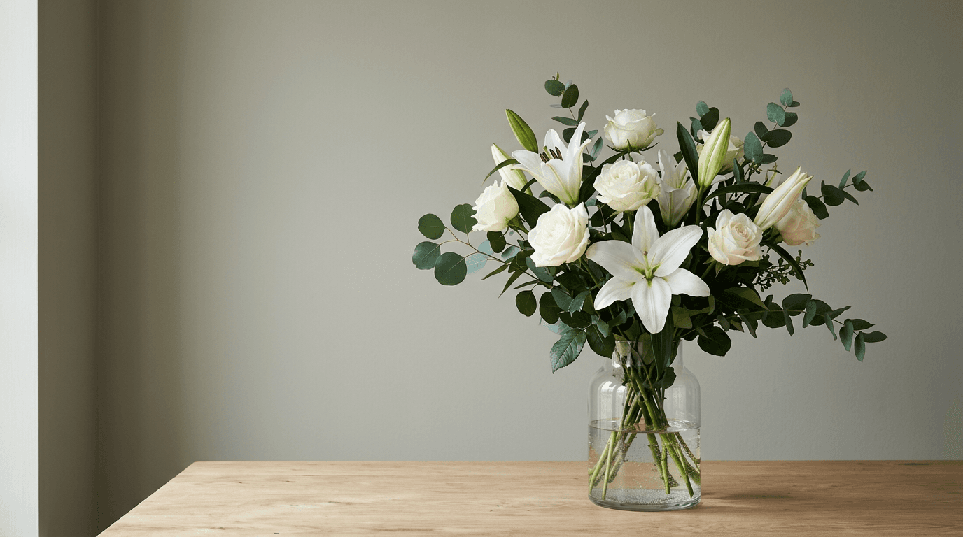 White lilies and roses with eucalyptus in soft window light