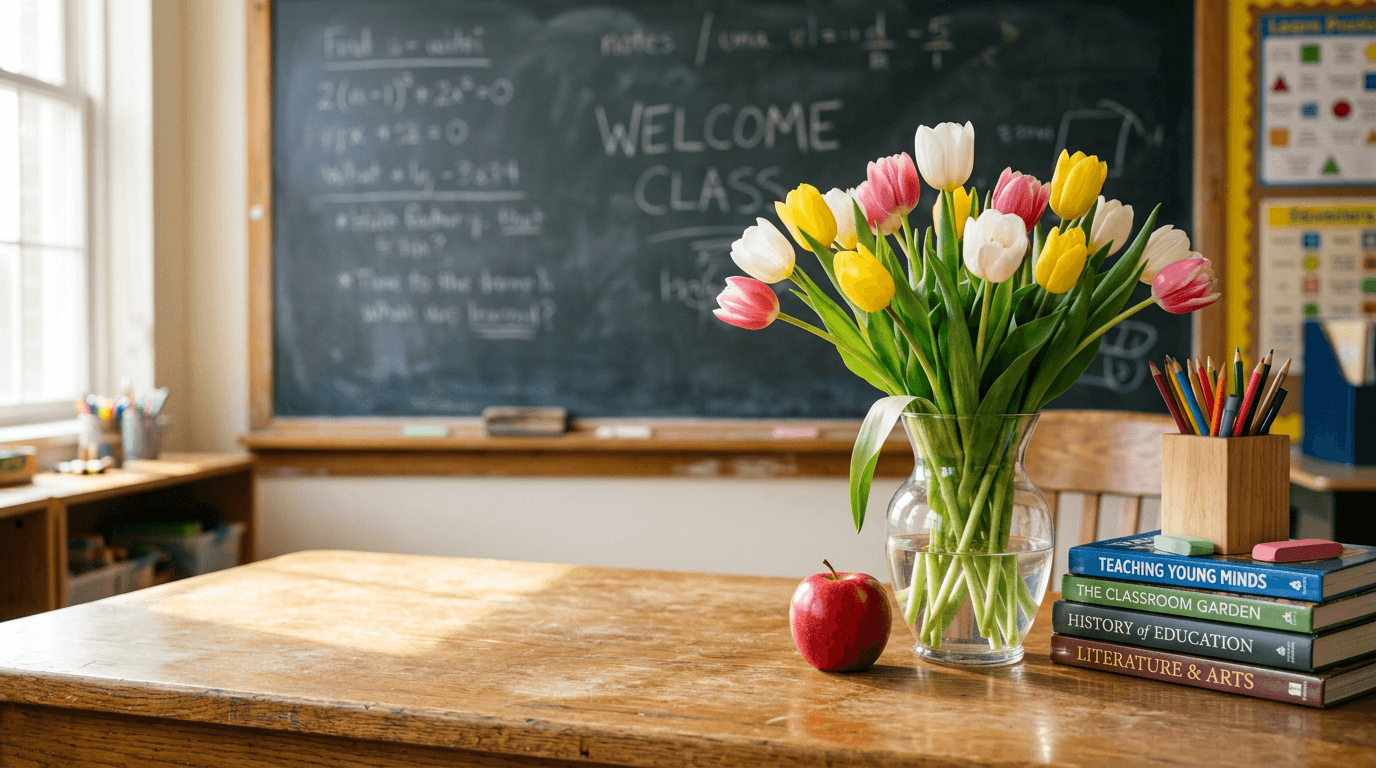 Bright tulips beside an apple and books on a teacher's desk