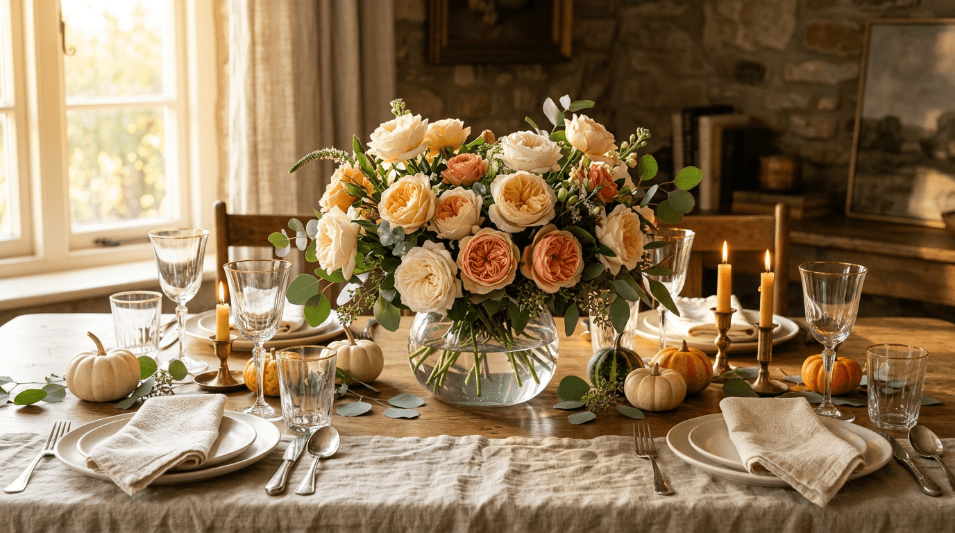 Cream, peach and coral roses as a centerpiece on a set Thanksgiving table