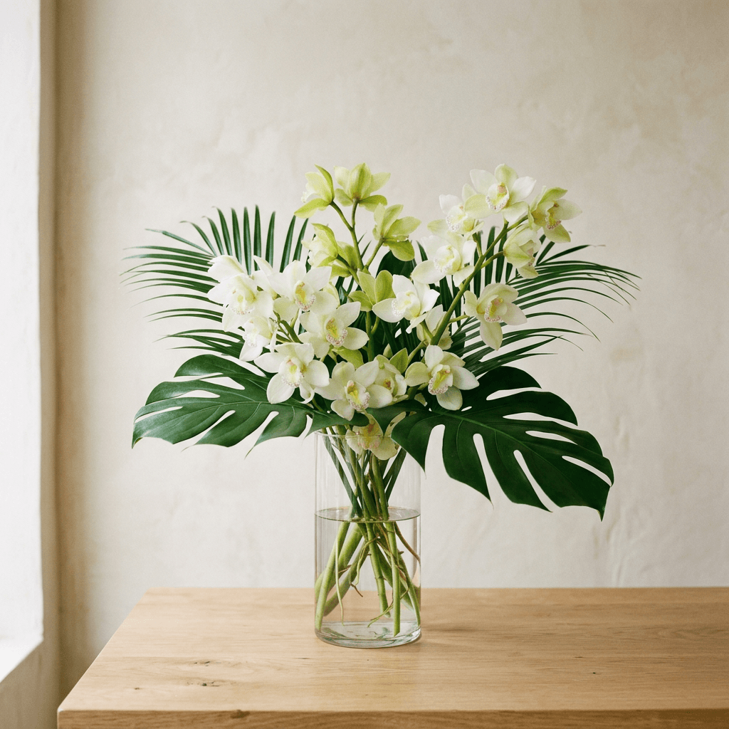 White and lime green cymbidium orchids with monstera and palm leaves in a clear glass cylinder vase