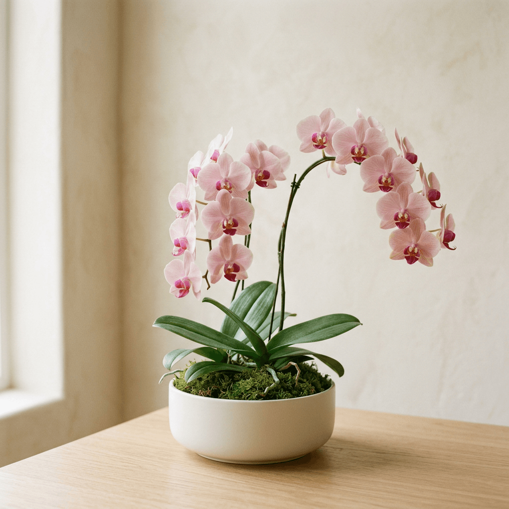 Blush pink phalaenopsis orchids with magenta centers arching from a low white ceramic bowl of moss